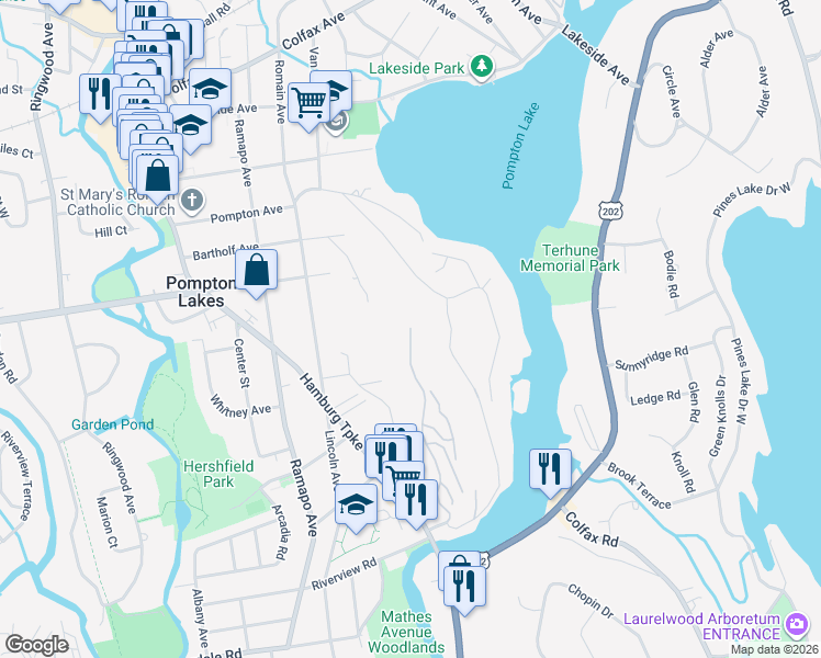 map of restaurants, bars, coffee shops, grocery stores, and more near 221 Ridge Drive in Pompton Lakes