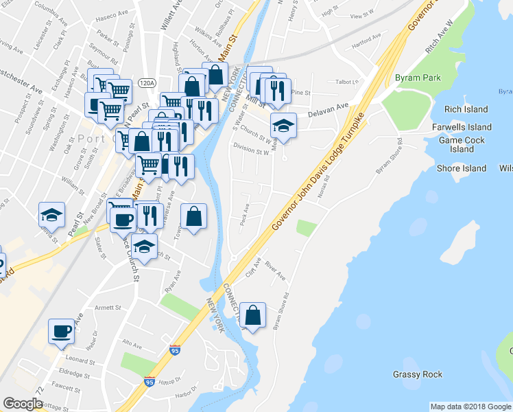 map of restaurants, bars, coffee shops, grocery stores, and more near 12 Prospect Street West in Greenwich