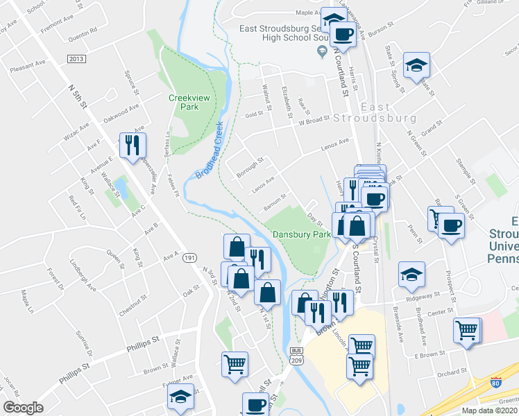 map of restaurants, bars, coffee shops, grocery stores, and more near 146 Barnum Street in East Stroudsburg