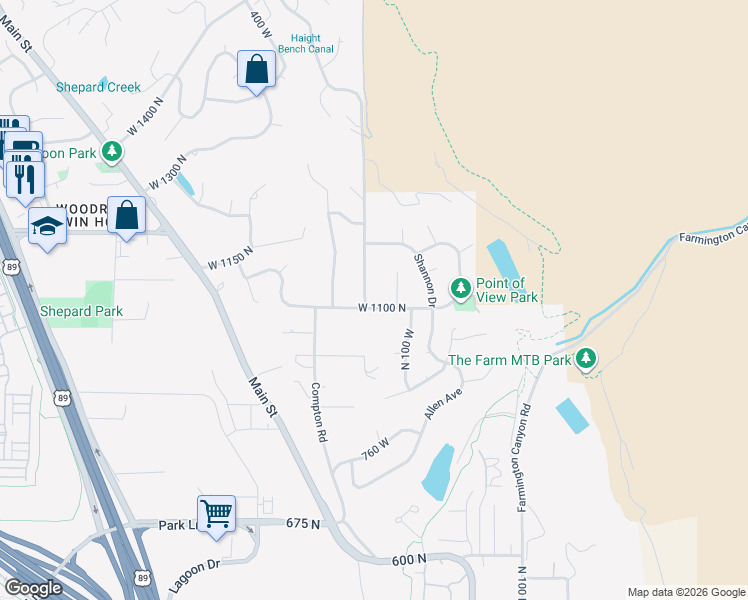 map of restaurants, bars, coffee shops, grocery stores, and more near 157 West 1100 North in Farmington