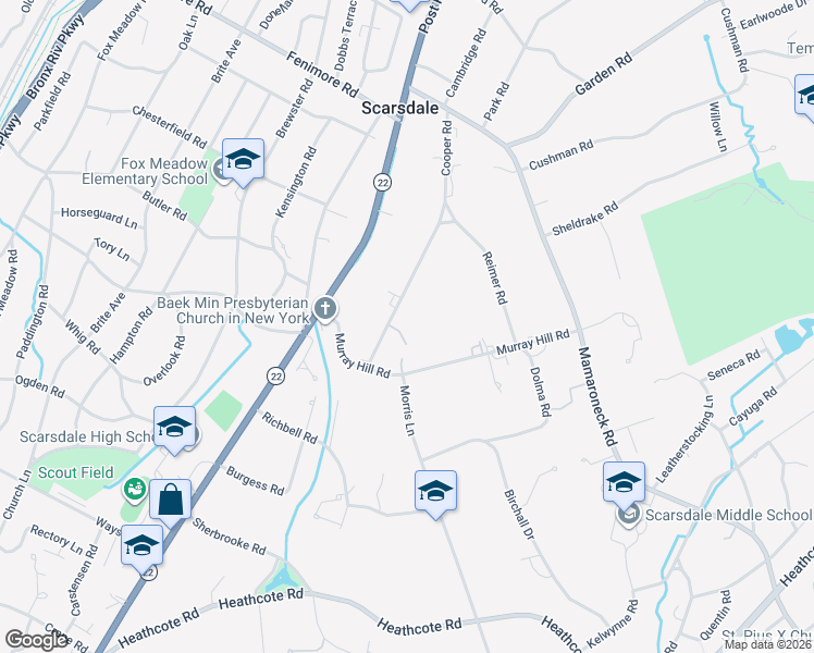 map of restaurants, bars, coffee shops, grocery stores, and more near 2 Cooper Road in Scarsdale