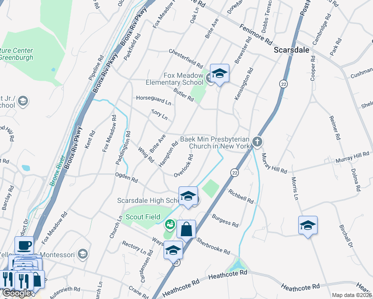 map of restaurants, bars, coffee shops, grocery stores, and more near 13 Overlook Road in Scarsdale