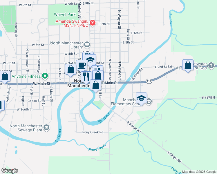 map of restaurants, bars, coffee shops, grocery stores, and more near 454-498 East South Street in North Manchester