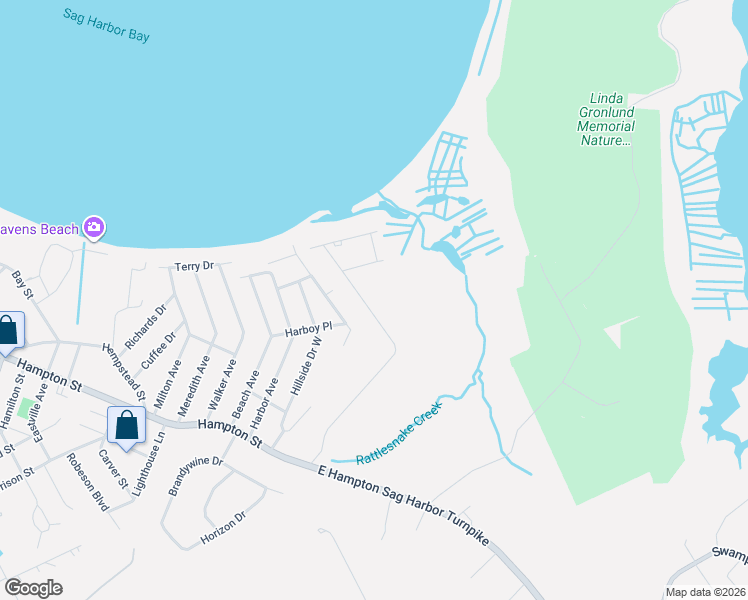 map of restaurants, bars, coffee shops, grocery stores, and more near 54 Hillside Drive West in Sag Harbor