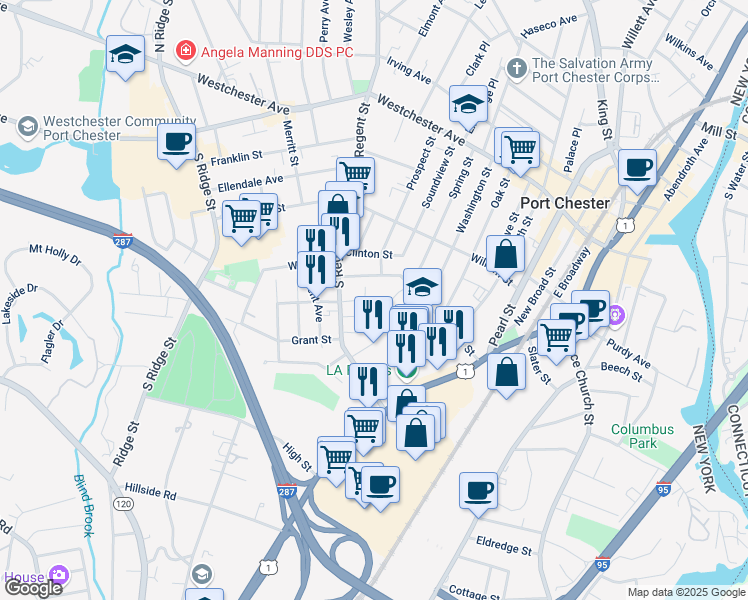 map of restaurants, bars, coffee shops, grocery stores, and more near 22 Drew Street in Port Chester