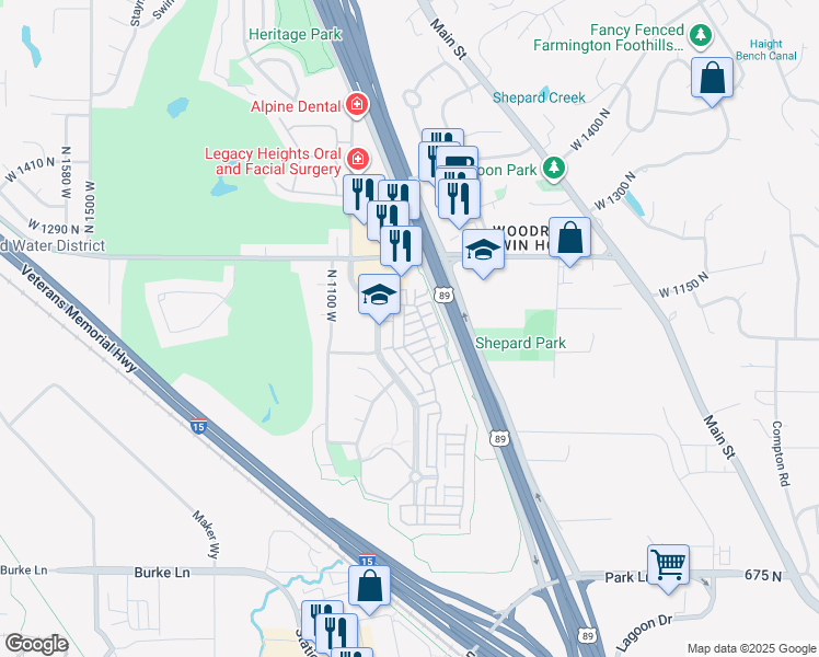 map of restaurants, bars, coffee shops, grocery stores, and more near 982 West Willow Garden Paseo in Farmington
