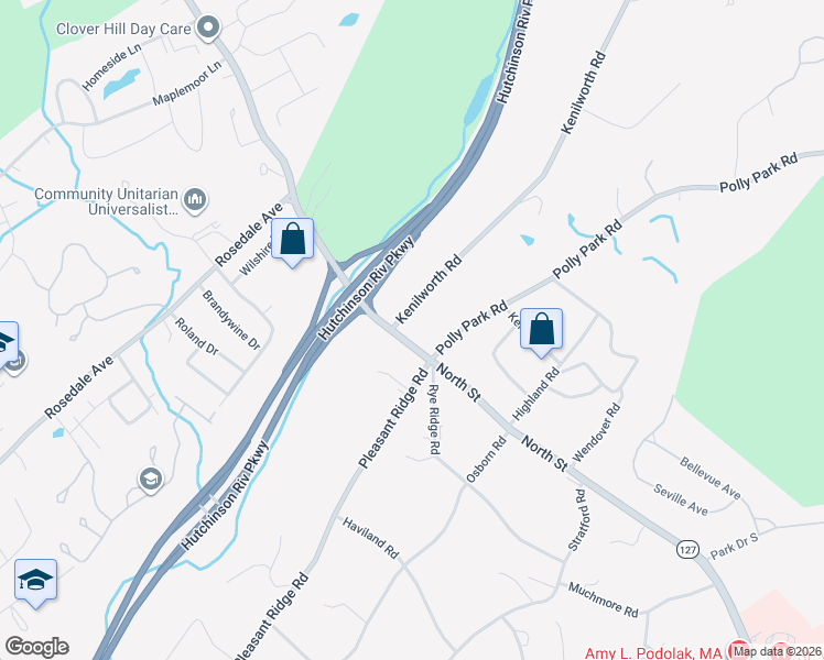 map of restaurants, bars, coffee shops, grocery stores, and more near 2 Polly Park Road in Rye