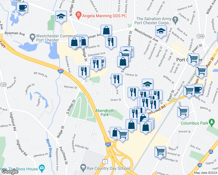 map of restaurants, bars, coffee shops, grocery stores, and more near 40 Sherman Street in Port Chester