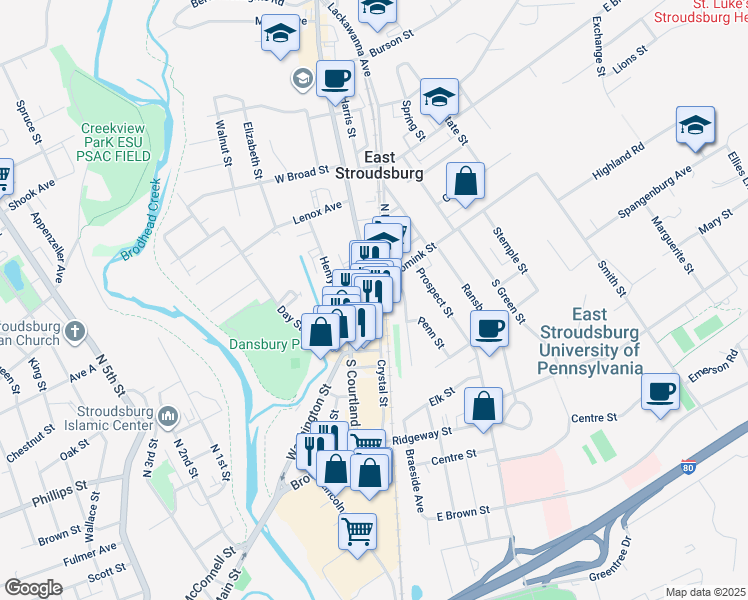 map of restaurants, bars, coffee shops, grocery stores, and more near 33 Crystal Street in East Stroudsburg