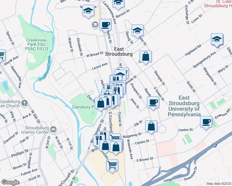 map of restaurants, bars, coffee shops, grocery stores, and more near 33 Crystal Street in East Stroudsburg