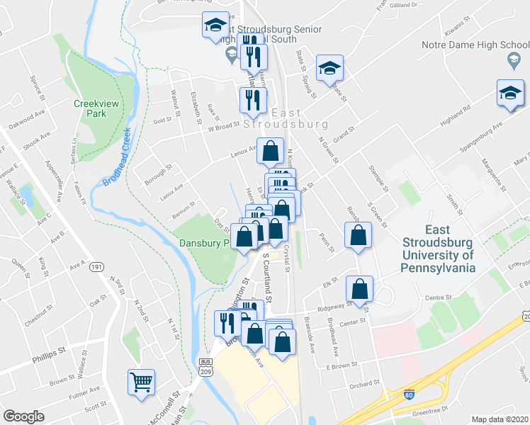 map of restaurants, bars, coffee shops, grocery stores, and more near N Courtland St & S Courtland St in East Stroudsburg