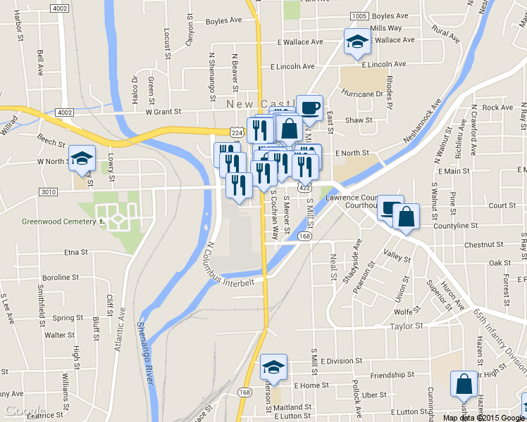 map of restaurants, bars, coffee shops, grocery stores, and more near 15 West Washington Street in New Castle