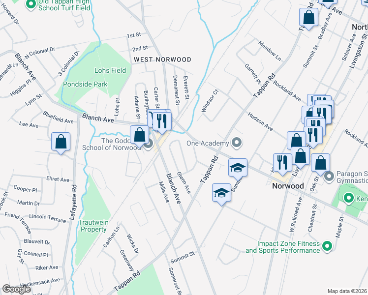 map of restaurants, bars, coffee shops, grocery stores, and more near 59 Carpenter Avenue in Norwood