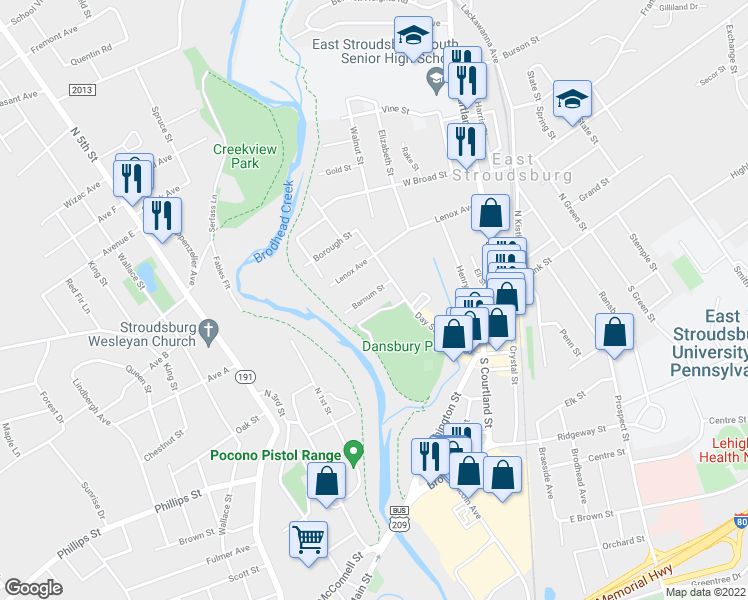 map of restaurants, bars, coffee shops, grocery stores, and more near 125 Barnum Street in East Stroudsburg