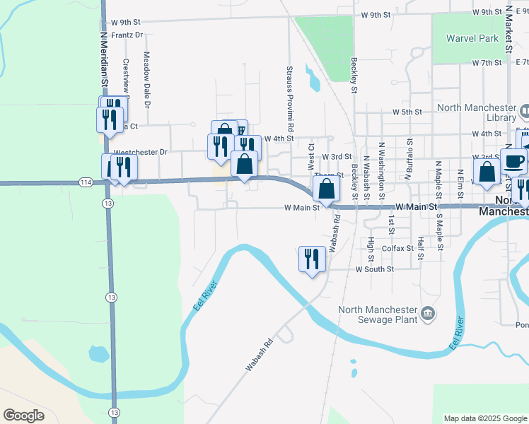 map of restaurants, bars, coffee shops, grocery stores, and more near 1107 West Main Street in North Manchester