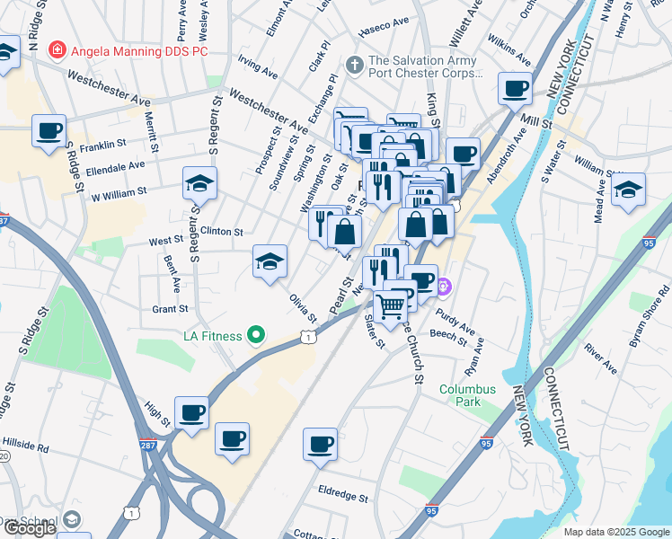 map of restaurants, bars, coffee shops, grocery stores, and more near 121 Smith Street in Port Chester