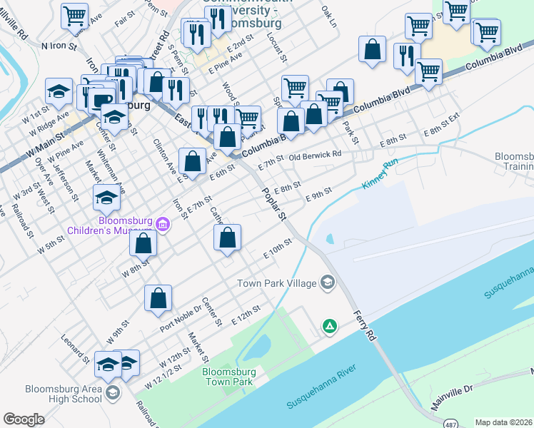 map of restaurants, bars, coffee shops, grocery stores, and more near 804 Poplar Street in Bloomsburg
