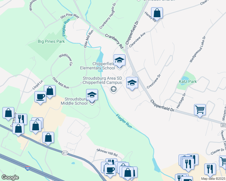 map of restaurants, bars, coffee shops, grocery stores, and more near 1198 Chipperfield Drive in Stroudsburg