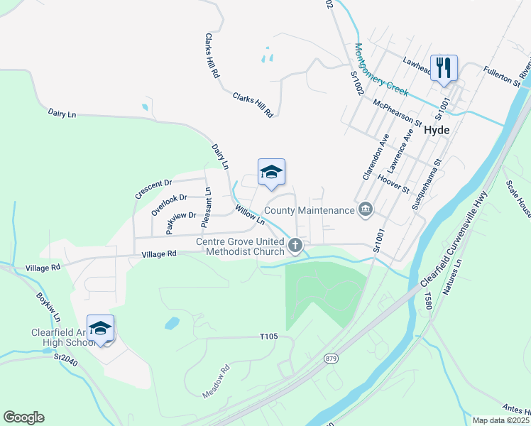 map of restaurants, bars, coffee shops, grocery stores, and more near 104 Dairy Lane in Clearfield