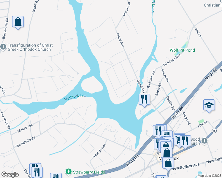 map of restaurants, bars, coffee shops, grocery stores, and more near 1605 Westview Drive in Mattituck