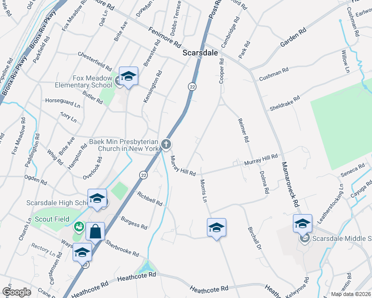 map of restaurants, bars, coffee shops, grocery stores, and more near 1108 Post Road in Scarsdale