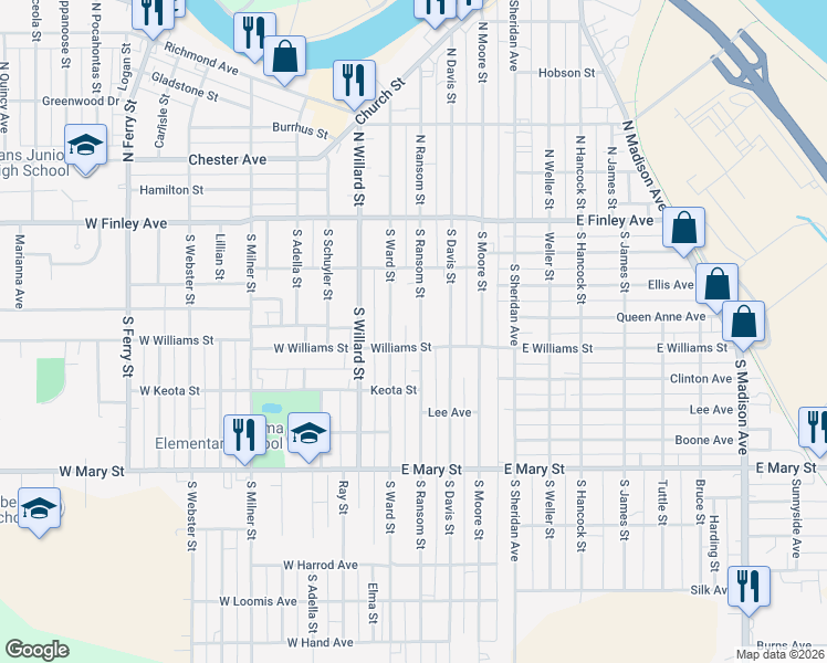 map of restaurants, bars, coffee shops, grocery stores, and more near 237 South Ransom Street in Ottumwa