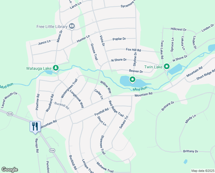 map of restaurants, bars, coffee shops, grocery stores, and more near Willow Way in Indian Mountain Lake