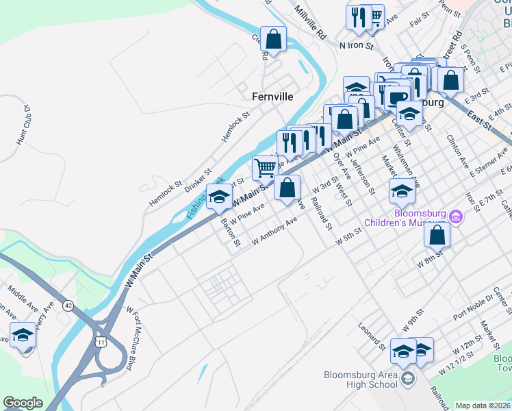 map of restaurants, bars, coffee shops, grocery stores, and more near 529 West Main Street in Bloomsburg