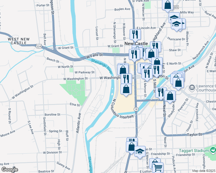 map of restaurants, bars, coffee shops, grocery stores, and more near 203 West Washington Street in New Castle