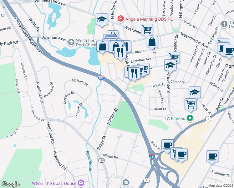 map of restaurants, bars, coffee shops, grocery stores, and more near 20 Wyman Street in Rye Brook