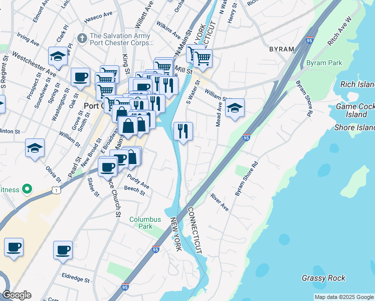 map of restaurants, bars, coffee shops, grocery stores, and more near 144 South Water Street in Greenwich