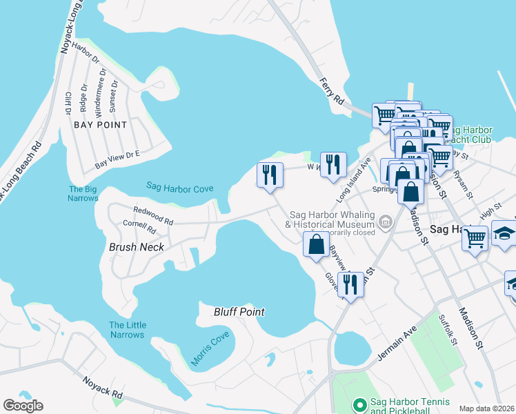map of restaurants, bars, coffee shops, grocery stores, and more near 133 Glover Street in Sag Harbor