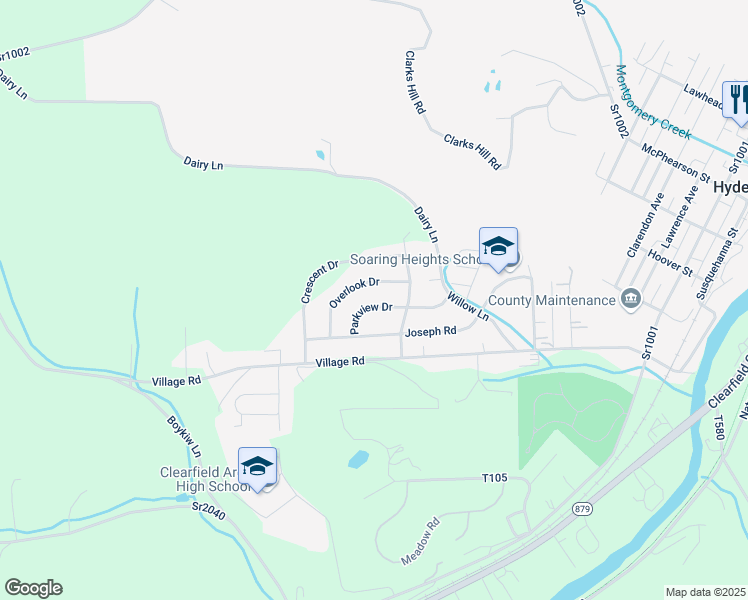 map of restaurants, bars, coffee shops, grocery stores, and more near 1311 Parkview Drive in Clearfield