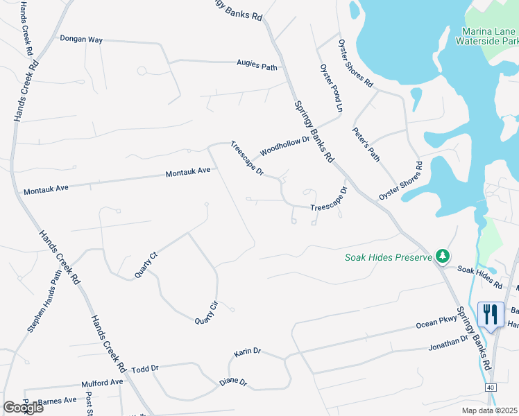 map of restaurants, bars, coffee shops, grocery stores, and more near 5 Treescape Drive in East Hampton