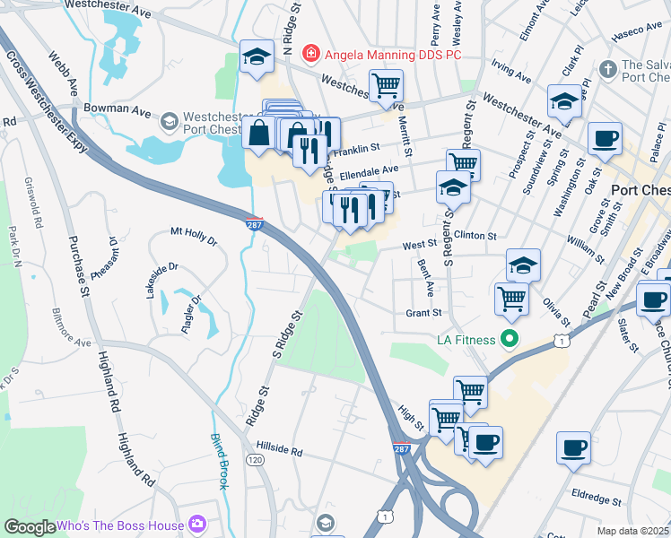 map of restaurants, bars, coffee shops, grocery stores, and more near 256 South Ridge Street in Rye Brook