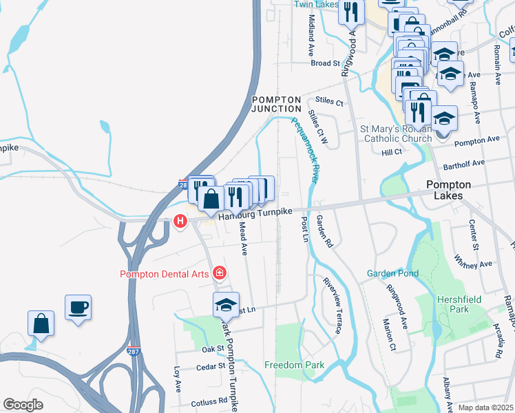 map of restaurants, bars, coffee shops, grocery stores, and more near 18 Hamburg Turnpike in Riverdale