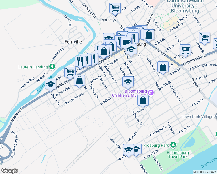 map of restaurants, bars, coffee shops, grocery stores, and more near 213 West 4th Street in Bloomsburg
