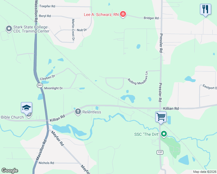 map of restaurants, bars, coffee shops, grocery stores, and more near 2428 Meadow Spring Circle in Akron