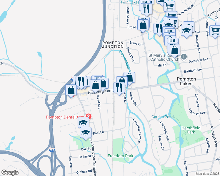 map of restaurants, bars, coffee shops, grocery stores, and more near 18 Hamburg Turnpike in Riverdale