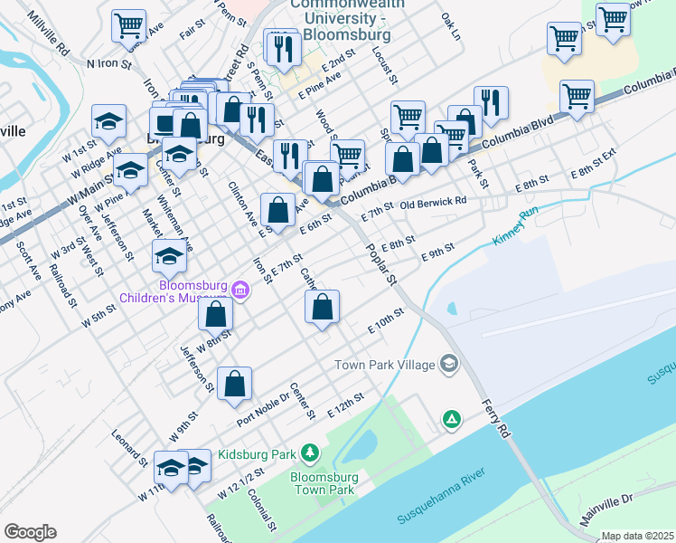 map of restaurants, bars, coffee shops, grocery stores, and more near 254 East 8th Street in Bloomsburg
