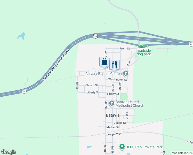 map of restaurants, bars, coffee shops, grocery stores, and more near 401-799 Davis Street in Batavia