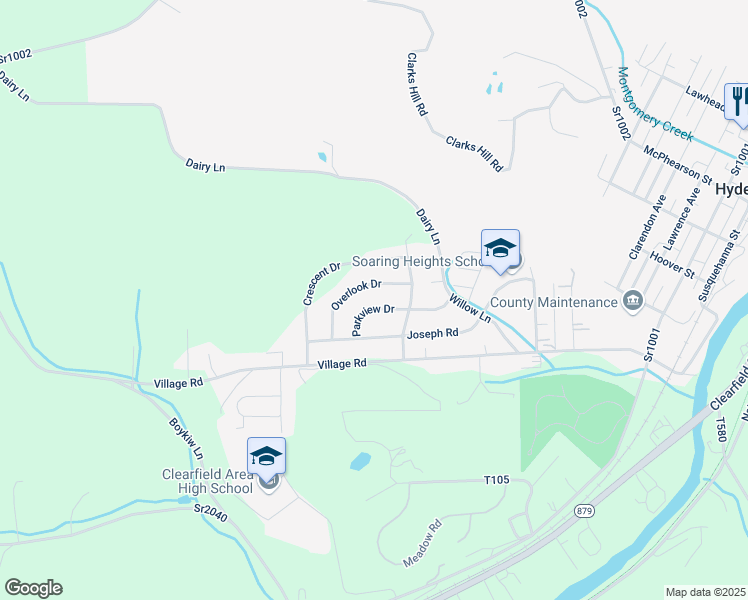map of restaurants, bars, coffee shops, grocery stores, and more near 1311 Parkview Drive in Clearfield