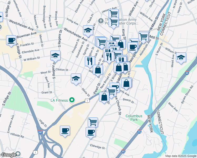 map of restaurants, bars, coffee shops, grocery stores, and more near 155 William Street in Rye Brook