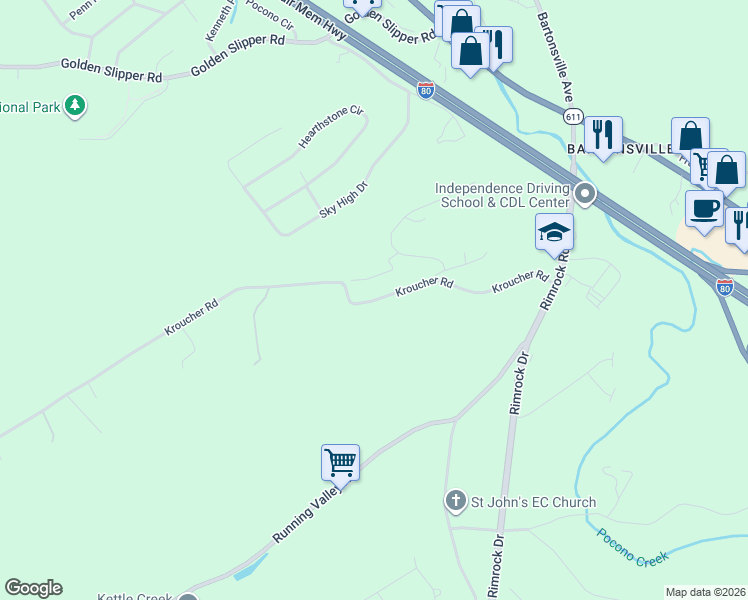 map of restaurants, bars, coffee shops, grocery stores, and more near 1242 Kroucher Rd in Stroudsburg