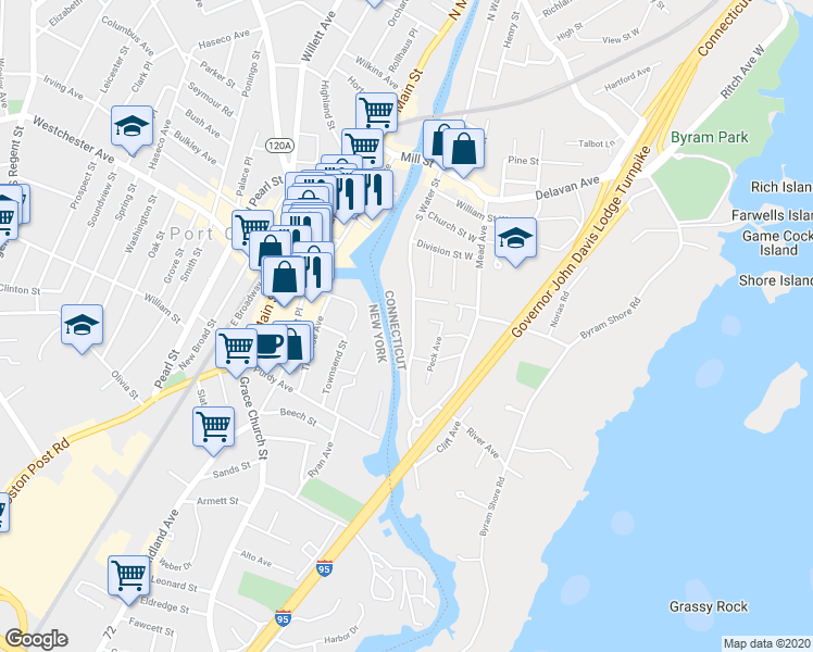 map of restaurants, bars, coffee shops, grocery stores, and more near 113 South Water Street in Greenwich