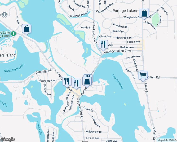 map of restaurants, bars, coffee shops, grocery stores, and more near 295 Canova Drive in Akron