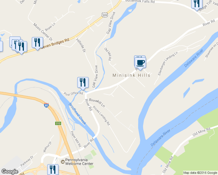 map of restaurants, bars, coffee shops, grocery stores, and more near Logging Road 45061 in East Stroudsburg