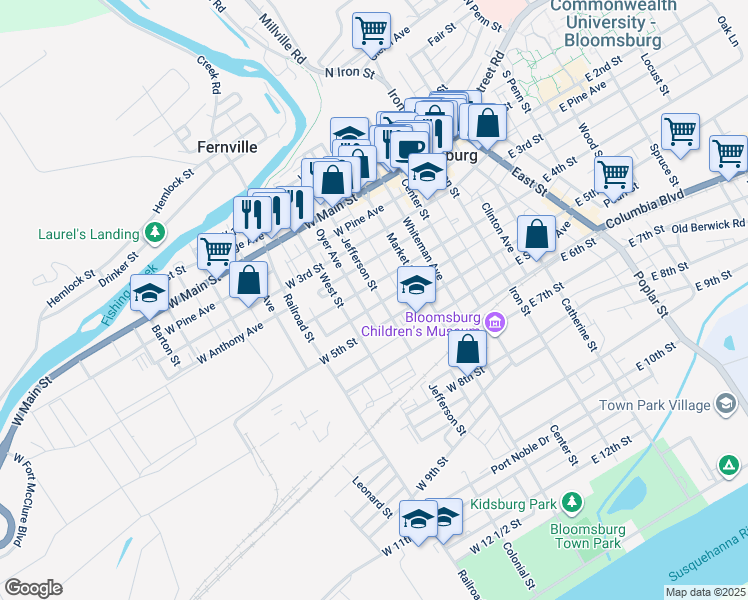 map of restaurants, bars, coffee shops, grocery stores, and more near Jefferson Street in Bloomsburg