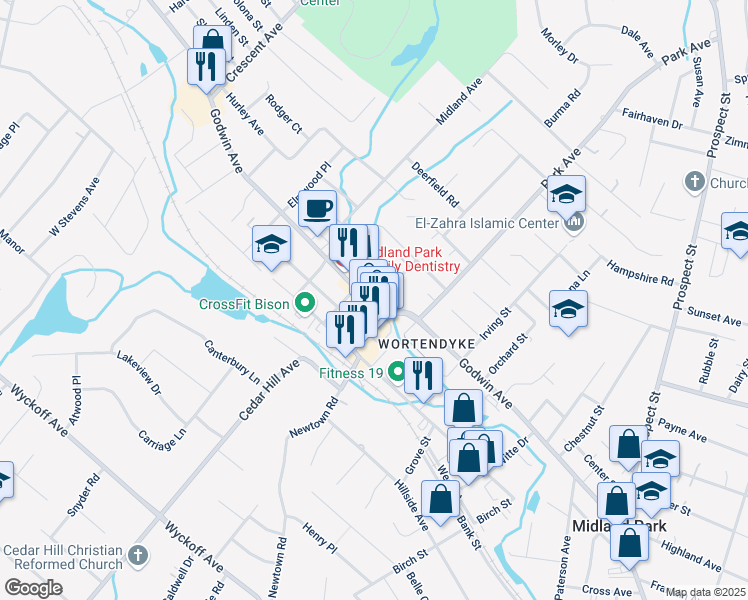 map of restaurants, bars, coffee shops, grocery stores, and more near 630 Godwin Avenue in Midland Park