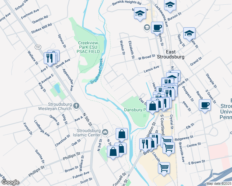 map of restaurants, bars, coffee shops, grocery stores, and more near 179 Lenox Avenue in East Stroudsburg
